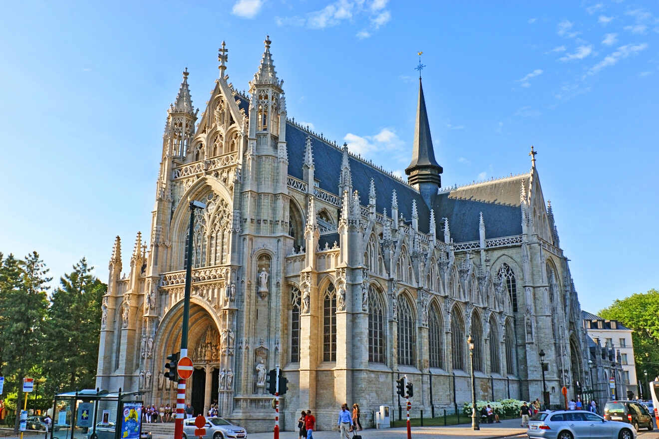 The Notre-Dame du Sablon's Gothic church in Brussels, with its elaborate stone facade and large windows